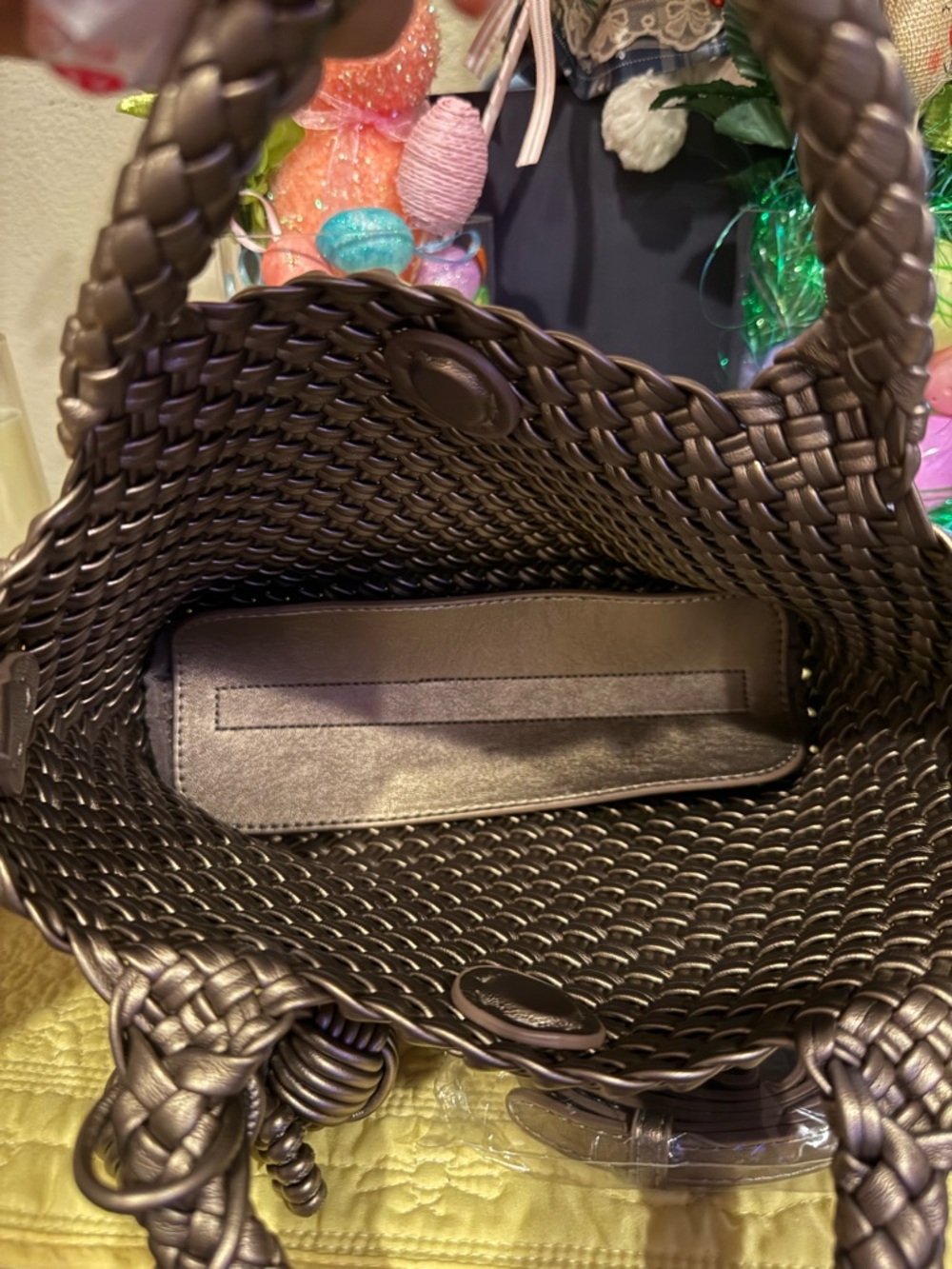 Bronze color Woven Leather Shoulder & Hand Bag w/ Pouch Wallet Set - Picture 7 of 7